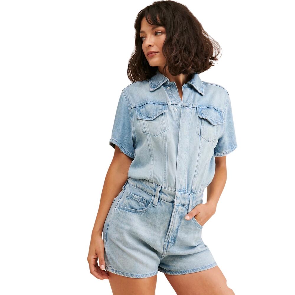 Good American Light Wash Denim Romper Utility Short Sleeve Button Front Size 3